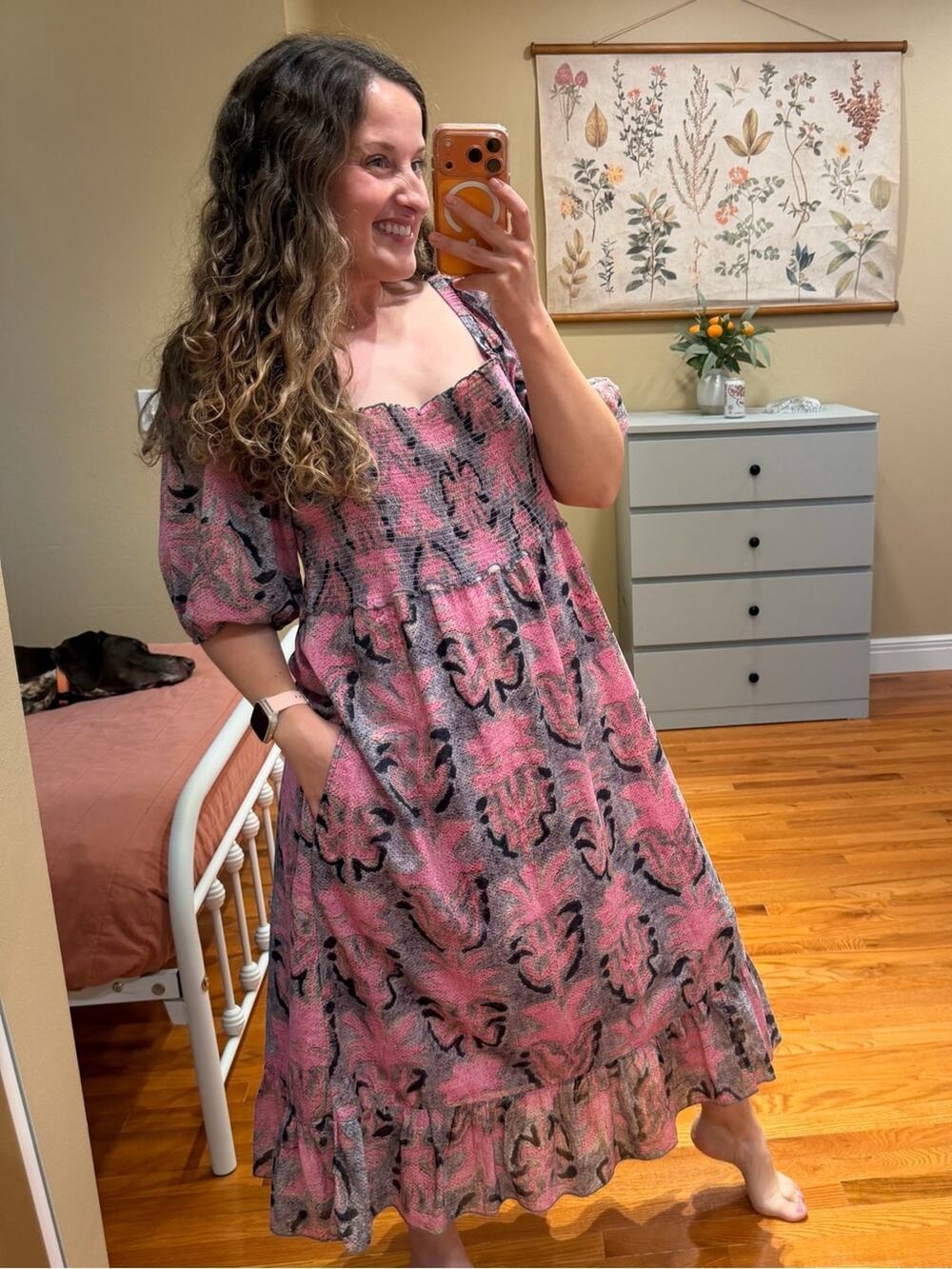 NIC+ZOE Pink and Black Floral Maxi Dress with Puff Sleeves Cotton Smocked XL